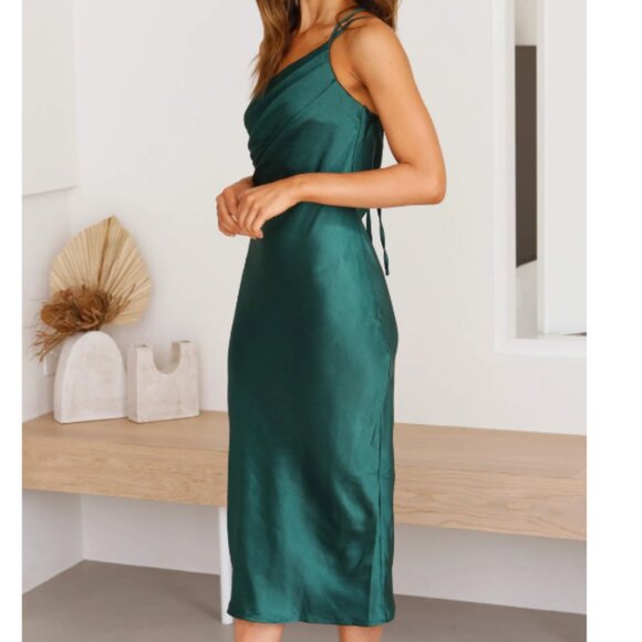 Silky One Shoulder Midi Dress - Emerald Green - Picture 3 of 8